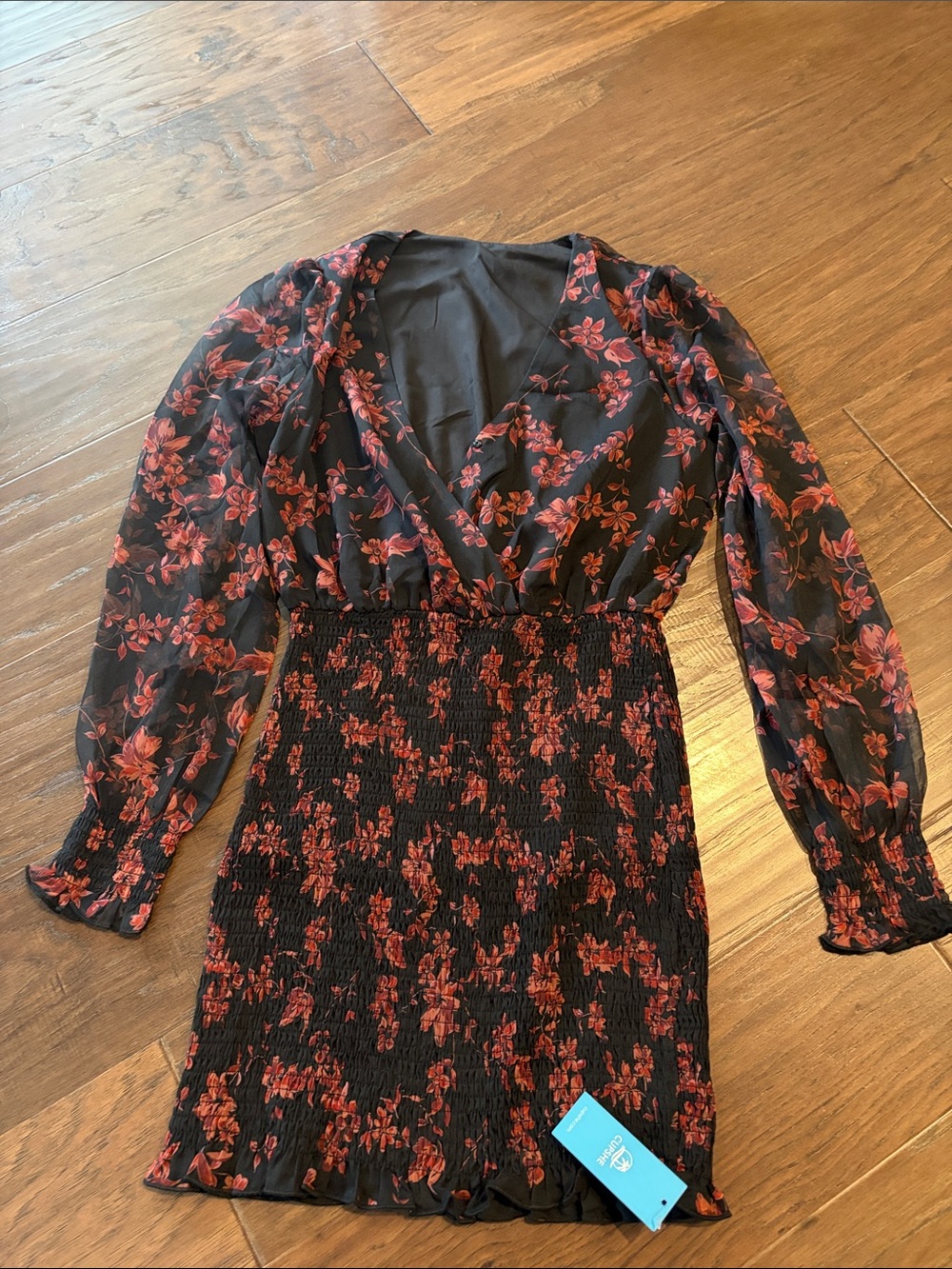 Cupshe Black Dress with Red Floral Print, Long Sleeve